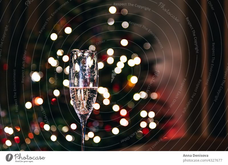 Weihnachts- oder Neujahrsfeier mit Champagner Flöte Glas Prosecco Weihnachten Flasche Feiertag Wein Alkohol Weihnachtsfeier trinken Tisch Winter Zuprosten Glück