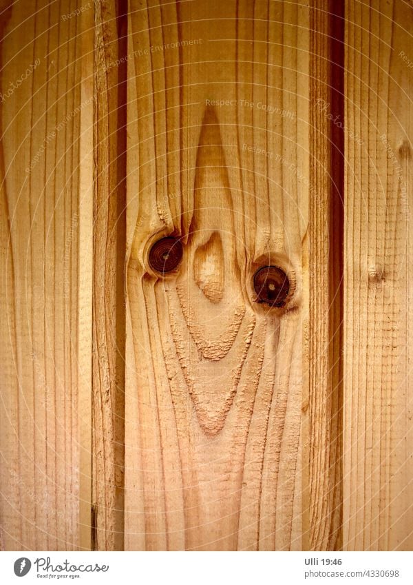 Freundlich lächelndes Holzbrett. Holzleiste Holzwand Strukturen & Formen alt hellbraun Augen Wand Muster Hintergrundbild abstrakt Detailaufnahme einfach Lächeln