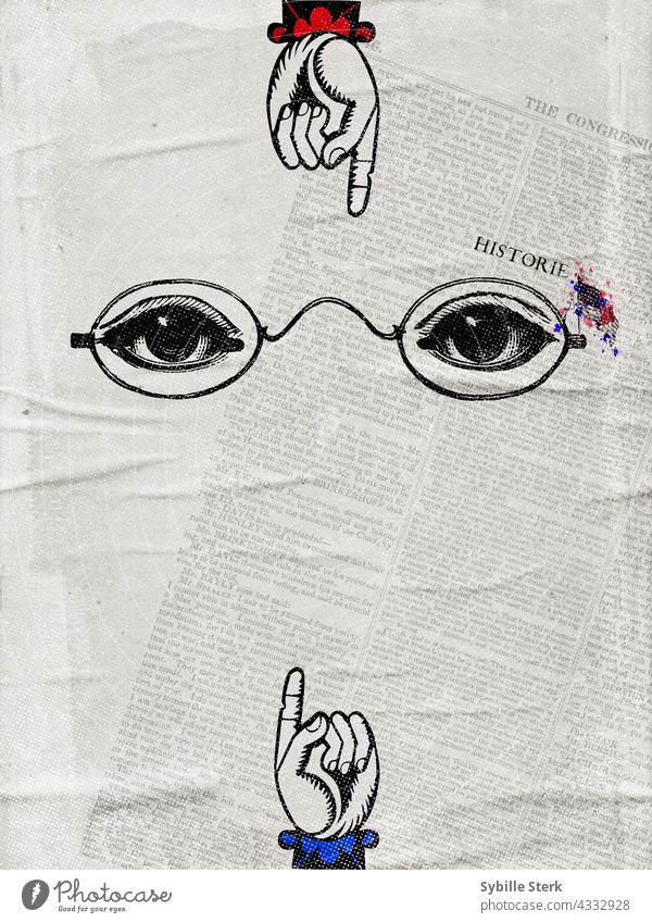 Collage von Vintage Händen und Augen hinter altmodischen Brillen auf Zeitung Sie beobachten altehrwürdig Zeigen politisch surreal surrealistisch Angst Diktatur