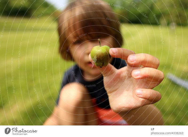 Junge zeigt kleinen Apfel in die Kamera Bildung genießen Optimismus Religion & Glaube freizügig Geldgeschenk Almosen Anschluss positiv unschuldig spielerisch
