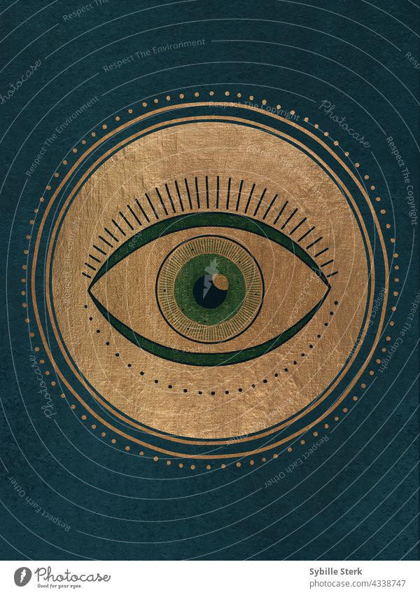 Allsehendes Auge in Gold und Pfauenblau Steinmetze Symbol allsehendes Auge Hieroglyphen Ägypten Zauberei u. Magie Schicksal Symbologie konzeptionell Geheimnisse