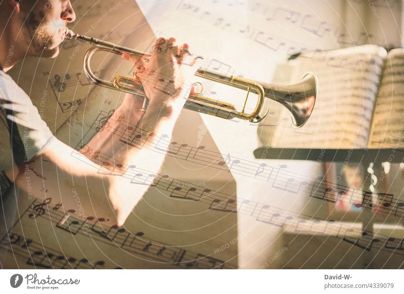 Musiker beim üben mit der Trompete studieren Fleiß Ehrgeiz Disziplin Musikinstrument Noten Künstler spielen