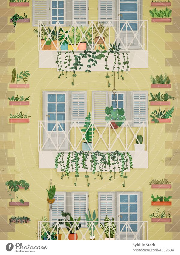 Mehrfamilienhaus mit bepflanzten Balkonen und Wandkübeln grünes Leben Haus Gebäude Architektur Fenster Türen Fensterläden Pflanzen Blumen Handflächen Farne