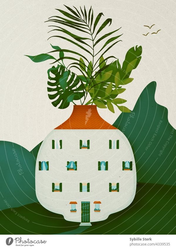 Eco Living - Haus in Form einer Vase mit Grünanlagen zwischen Hügeln surreal Fenster Architektur Ökologie Weg Blumenkästen lebendiges Grün Vögel konzeptionell