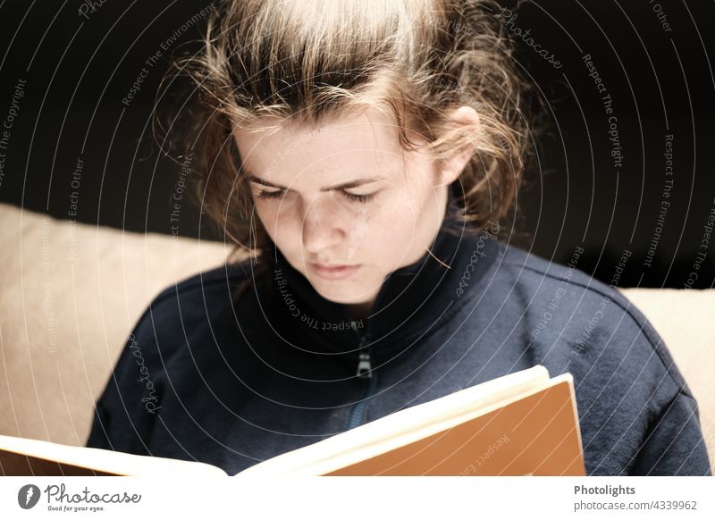 Junge Frau ist ein Buch vertieft. lesen betrachten lernen Roman Wissen Lesestoff Bildung Gesicht Erwachsener Porträt Blick Sofa Sitzen Person hübsch