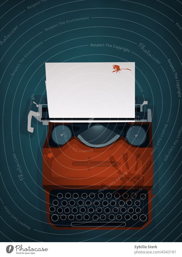 Rote Retro-Schreibmaschine mit Blutspritzern und blutigem Handabdruck Papier konzeptionell schreibend Tippen Blog vlog Schriftsteller Autor retro Mord Mysterium