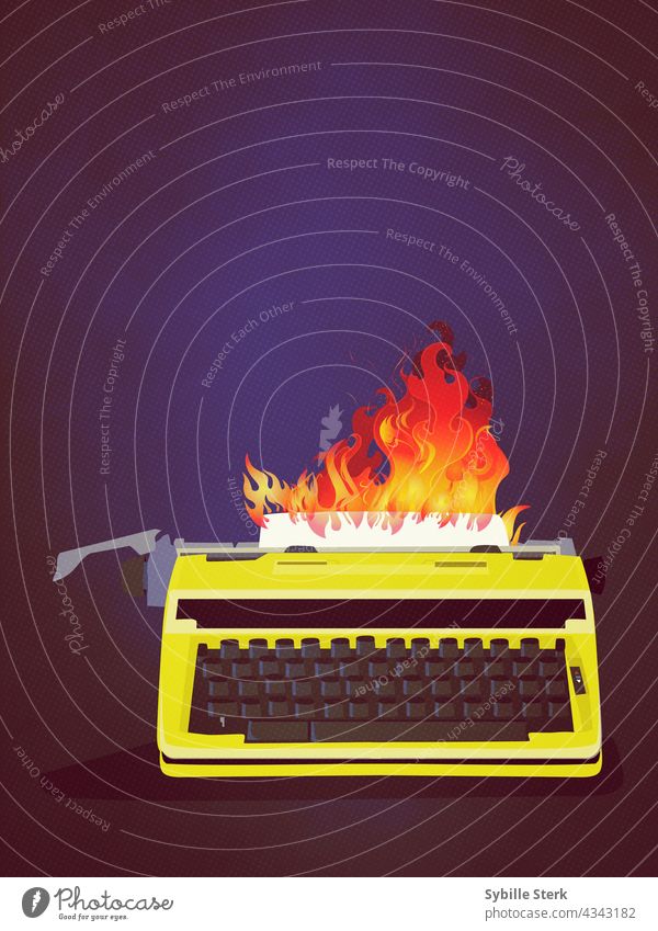 Leuchtend gelbe Retro-Schreibmaschine mit brennendem Papier gelbe Schreibmaschine Flammen in Flammen konzeptionell schreibend Tippen aktuelles Thema Blog vlog