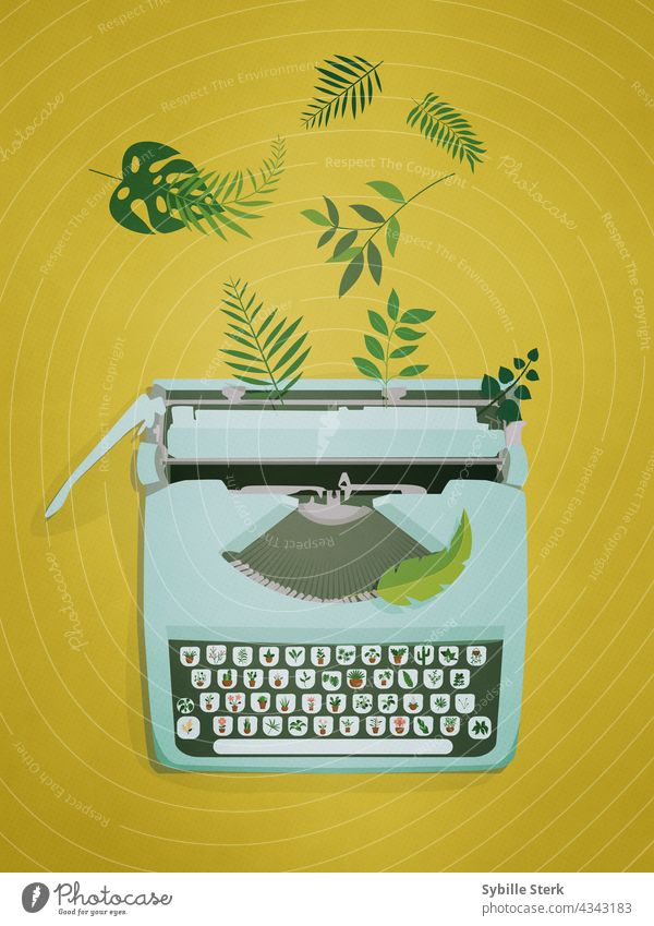 Retro hellblaue Schreibmaschine mit Pflanzen auf den Tasten und Blätter fliegen aus ihr heraus Retro-Schreibmaschine Tippen Gartenarbeit Gärtner wachsend Natur