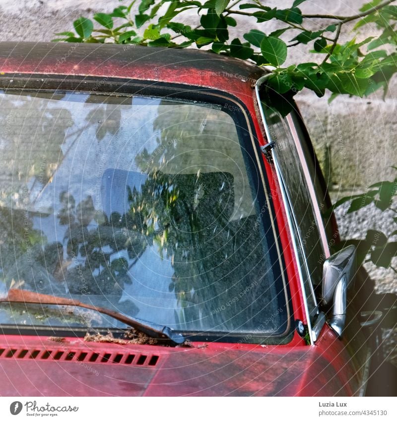 Detailaufnahme ins Innere eines alten Autos durch die Scheibe, Lichter und Spiegelungen Zerfall Zerstörung Zahn der Zeit marode trist traurig es war einmal