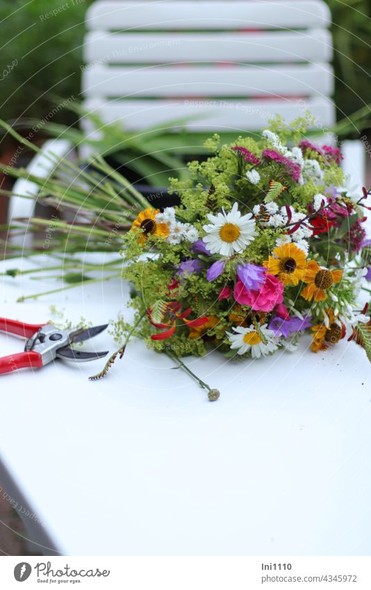 Blumenstrauß aus dem Garten Stauden Vorbereitung einzelne Blumen auf dem Tisch liegend Stiele entblättern Frauenmantel Sonnenbraut Schafgabe Phlox Montbretien
