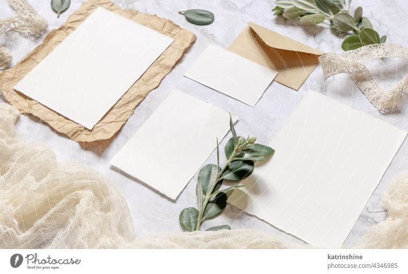 Blanko-Hochzeitskarten, die auf einem mit Eukalyptuszweigen dekorierten Marmortisch liegen Attrappe Einladung Postkarte Ast Kuvert rustikal Murmel abschließen
