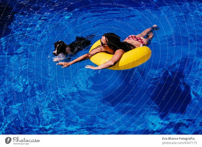Draufsicht auf glückliche kaukasische Frau entspannt auf gelben Donuts aufblasbare am Pool. Netter Border Collie Hund in den Pool. Sommerzeit, Urlaub und Lebensstil