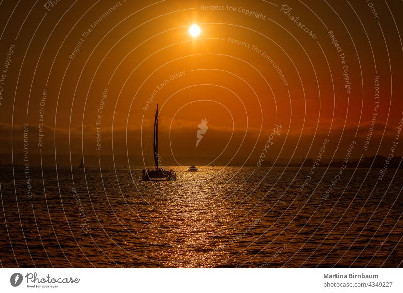 Sonnenuntergang hinter der Silhouette eines Segelboots Katamaran in San Diego pazifik Abend Takelage Himmel MEER Abenddämmerung Sonnenlicht Boot hoch Cloud