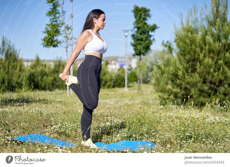 Junge Frau macht gymnastische Übungen auf dem Rasen. Weibliches Modell in Sportkleidung hübsch jung Tun Gras Sportbekleidung außerhalb Fitness Training strecken