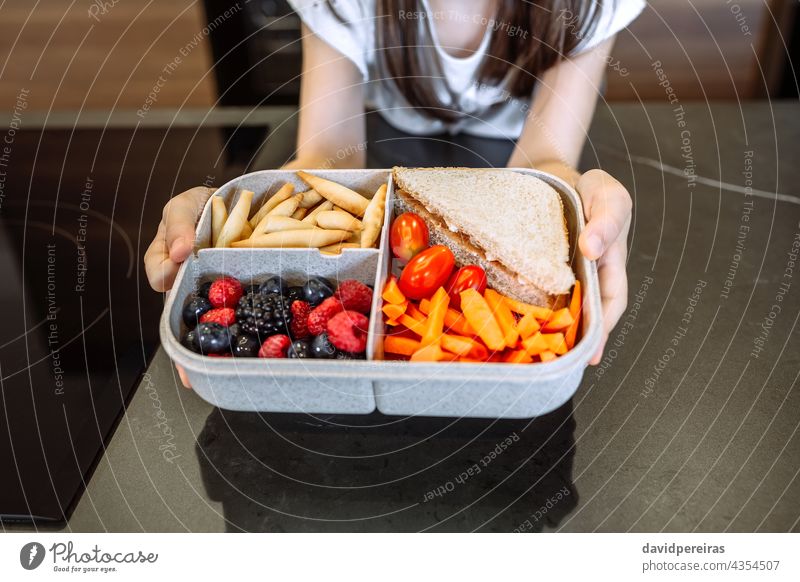 Unbekanntes Mädchen zeigt eine mit gesunden Lebensmitteln gefüllte Brotdose unkenntlich zeigend Lunch-Box Gesundheit Vegetarier gesunder Snack Veganismus