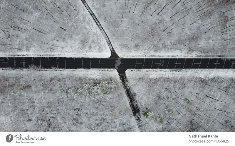 Eine einsame Straße durch einen Winter Wald mit der Drohne fotografiert. Natur Landschaft Verlassen Baum Schnee Eis Kalt Außenaufnahme Farbfoto weiß Pflanze