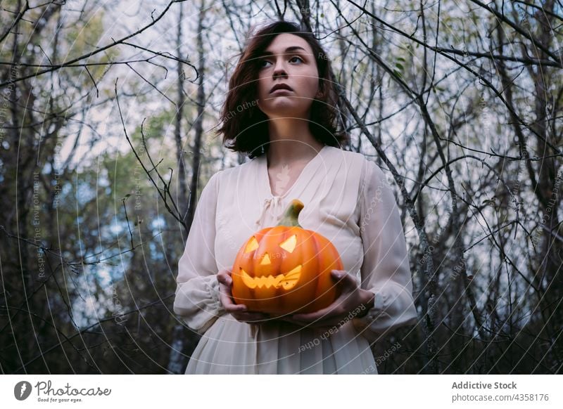 Frau mit Halloween-Kürbis im Wald stehend Laterne Wagenheber o Laterne Wälder Herbst feiern fallen Feiertag weißes Kleid Tradition Outfit Veranstaltung Symbol
