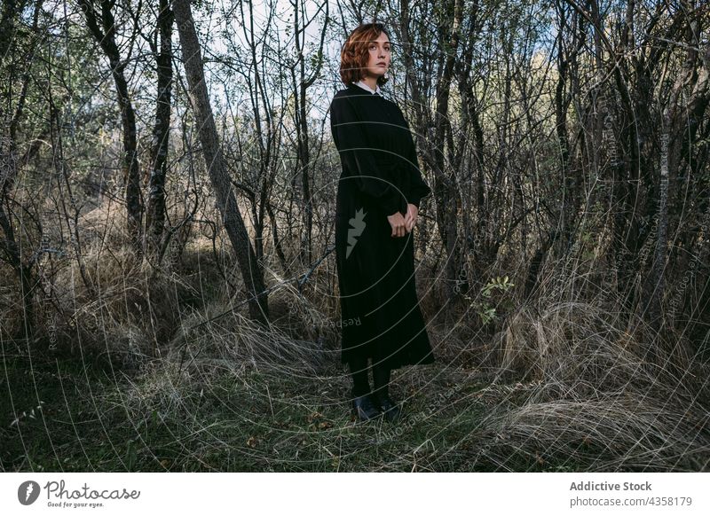Emotionslose Frau in schwarzem Kleid zu Halloween im Wald stehend Outfit Mysterium Feiertag Wälder Herbst Phantasie Veranstaltung dunkel Tracht fallen lang maxi