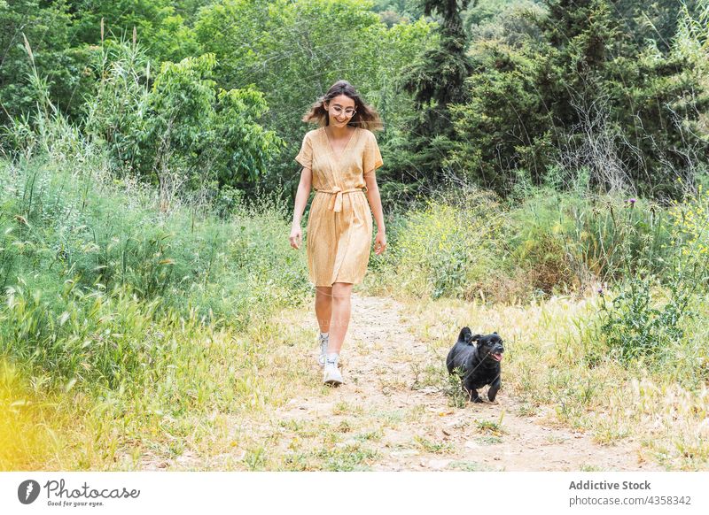 Frau geht mit Hund im Park spazieren Haustier Sommer Spaziergang schlendern Wochenende Zusammensein sorgenfrei heiter Glück niedlich Freundschaft Eckzahn