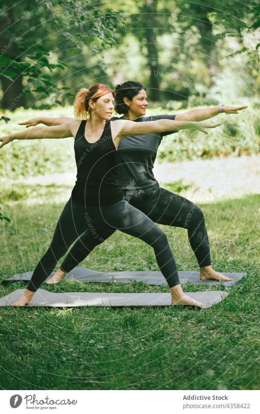 Junge sportliche Frauen üben die Yogastellung Virabhadrasana B in einem grünen Park krieger ii virabhadrasana b Zusammensein Achtsamkeit Wellness Konzentration