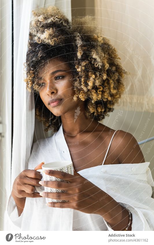 Verträumte schwarze Frau mit Tasse Getränk am Fenster friedlich verträumt ruhig Morgen Gelassenheit zu Hause charmant Frieden attraktiv brünett Becher