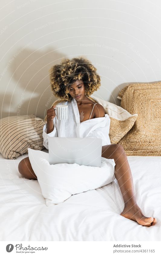 Schwarze Frau trinkt Kaffee, während sie mit einem Laptop auf dem Bett sitzt trinken benutzend Morgen Komfort Schlafzimmer Kälte attraktiv Appartement