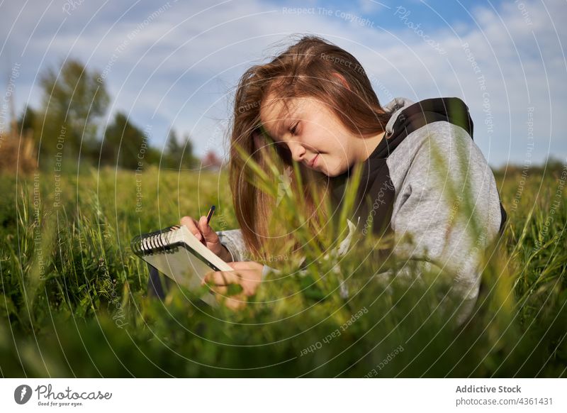 Fröhliches Mädchen, das auf einem Feld in ein Notizbuch zeichnet zeichnen Skizzenbuch Landschaft genießen kreativ Teenager Sommer Lächeln Glück Natur sitzen