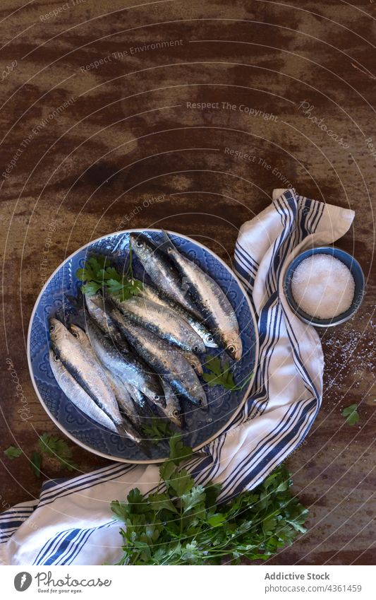 Draufsicht auf einen Teller mit frischen Sardinen Fisch Meeresfrüchte Frische Tier Gesundheit mediterran roh Diät Lebensmittel MEER marin Markt Ernährung