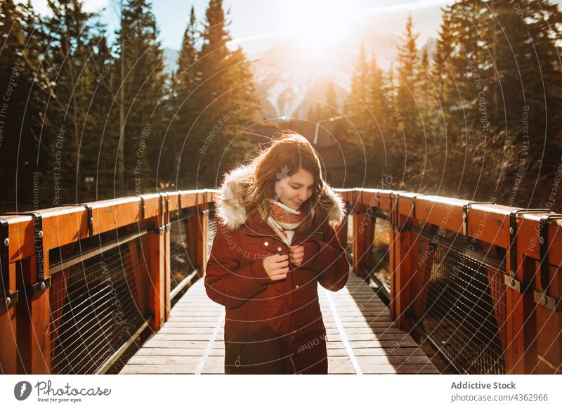 Glückliche reisende Frau auf einem Steg im bewaldeten Hochland Reisender Brücke Berge u. Gebirge Herbst Wald Sonnenlicht Natur Landschaft allein Umwelt Fernweh