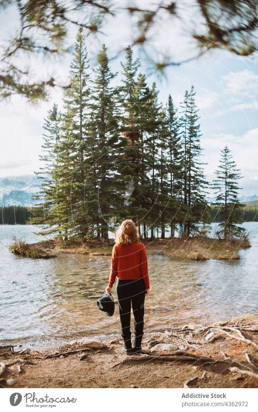 Anonyme Person, die auf eine Insel mit Nadelbäumen im See blickt Frau Reisender Baum Inselchen Natur nadelhaltig Ufer Wasser Alberta Kanada Banff National Park