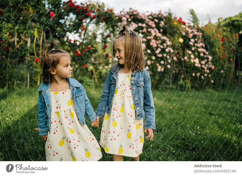 Kleine Mädchen stehen in der Nähe blühenden Busch im Park Blume Sommer Kind wenig Kleid niedlich Blüte Kleinkind Frau Jeansstoff Blütezeit Natur bezaubernd