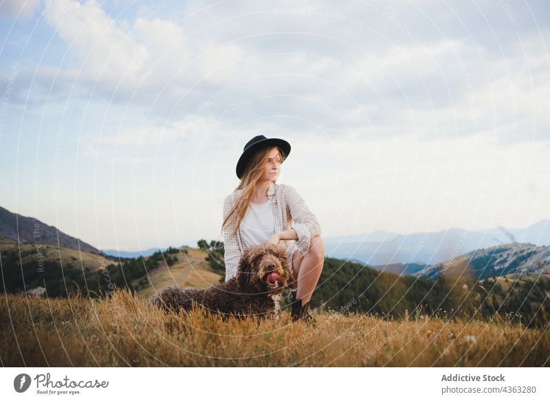 Frau mit flauschigem Hund auf einer Wiese Labradoodle Freund Tier Haustier Besitzer Eckzahn Berge u. Gebirge Zusammensein loyal züchten Natur Begleiter