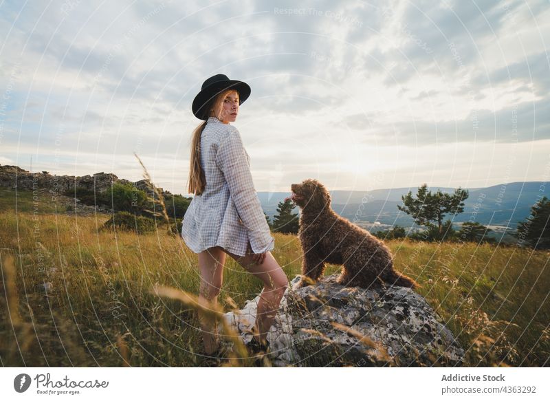 Frau mit flauschigem Hund auf einer Wiese Labradoodle Freund Tier Haustier Besitzer Eckzahn Berge u. Gebirge Zusammensein loyal züchten Natur Begleiter