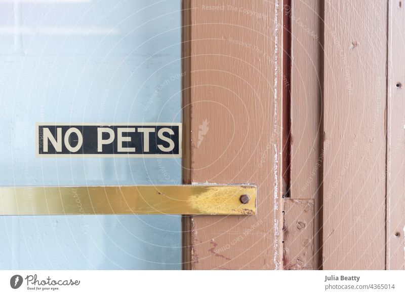 Aufkleber "NO PETS" an einer alten Holztür mit Glasscheibe und Messinggriff keine Haustiere ausbleiben Zeichen metallisch Panel Tür Information informieren