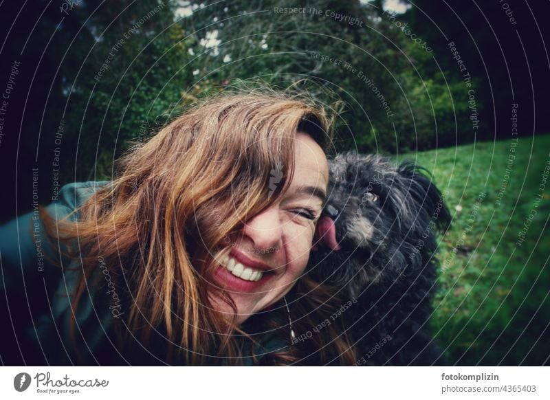 Pumi-Hund leckt einer lachenden Frau übers Gesicht Tierliebe Haustier Nähe Kontakt Zuneigung Zärtlichkeit Vertrauen Mensch Freundschaft berühren Zusammensein
