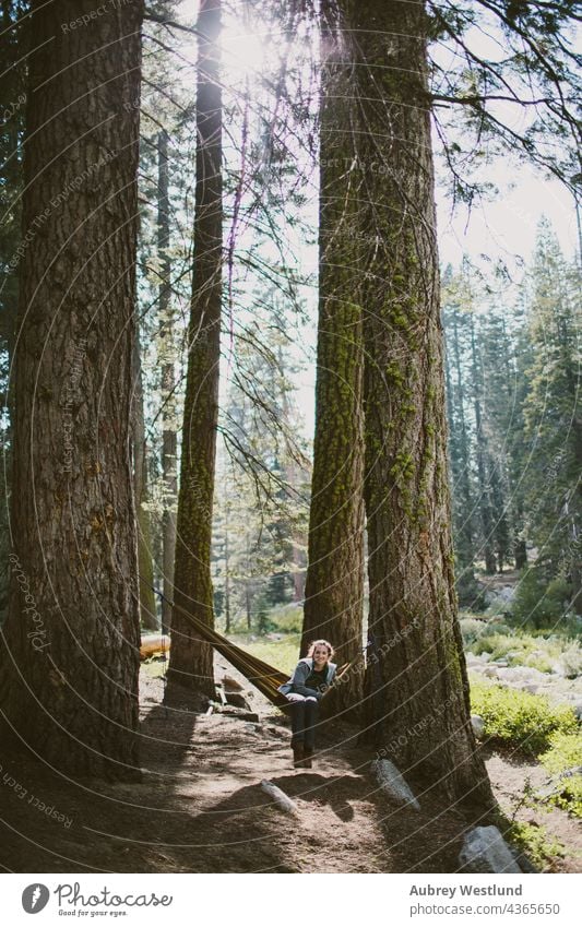 Frau sitzt in einer Hängematte im Wald Erwachsene amerika Kalifornien Kultur Ausflugsziel Erkundung erkunden erkundend frisch Riese Wanderer wandern Feiertag