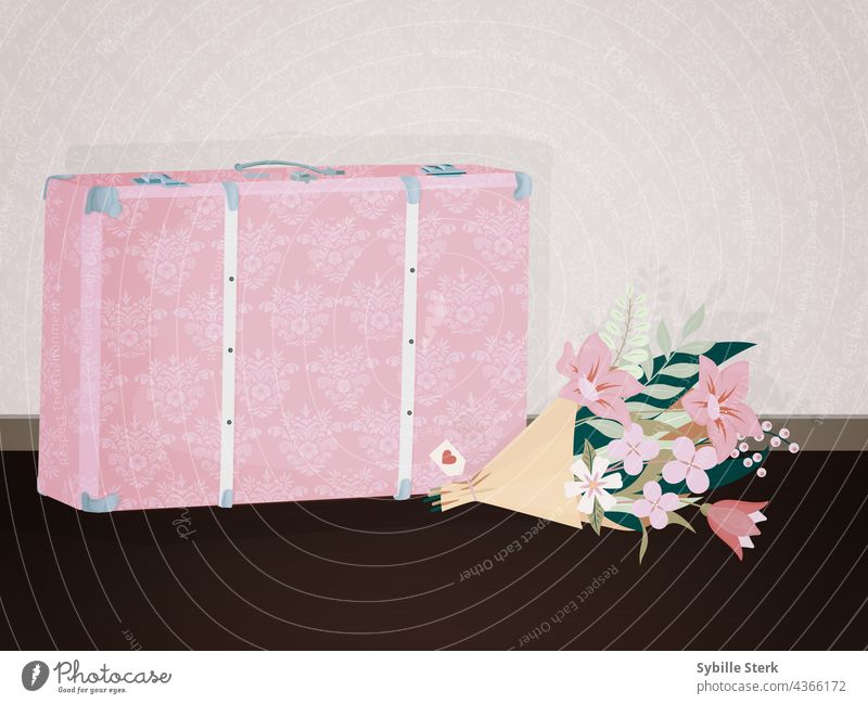 Hübscher rosa Koffer mit Brautstrauß Flitterwochen reisen Blumenstrauß Hotelzimmer Hochzeit Hochzeitsnacht Liebe Romantik Bräutigam Ehe