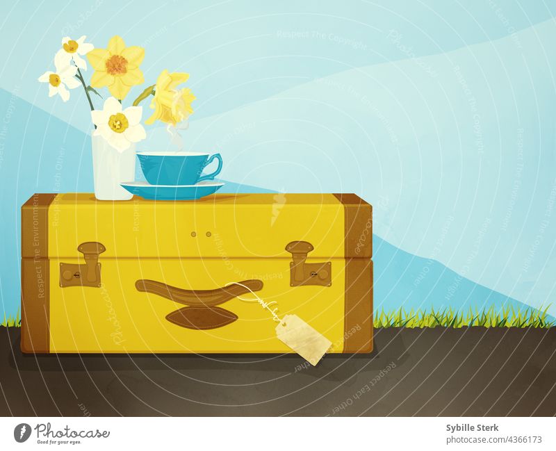 Koffer mit Tasse Tee und einer Vase mit Narzissen reisen Teetasse Tag Himmel Reisen Ausflug Wesentliche Fröhlichkeit Berge Gras Straße auf der Straße Getränk
