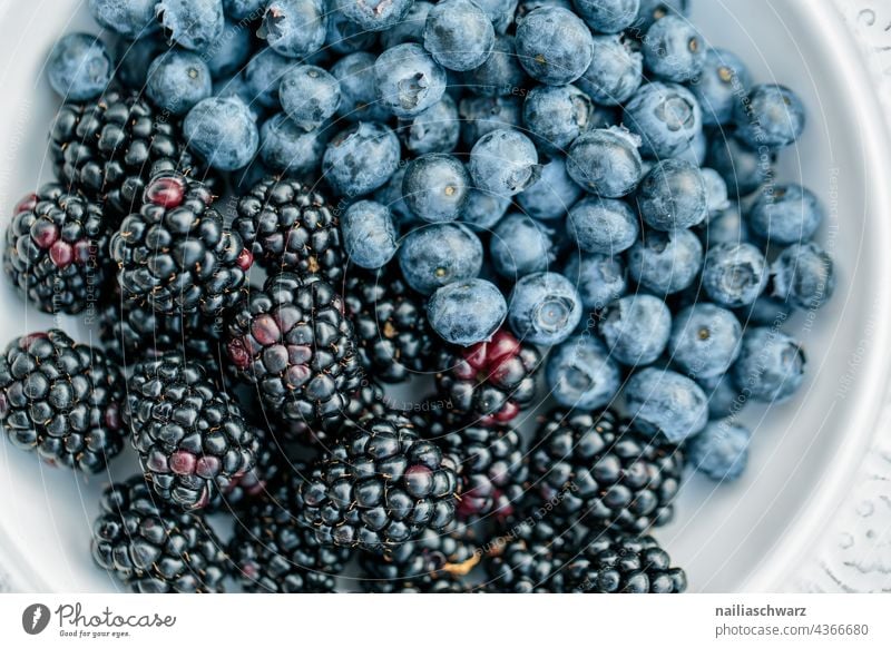 Blaubeeren und Brombeeren heidelbeeren Teller Vitamin Ernährung roh Dessert reif Nahaufnahme Farbfoto frisch blau Ernte Beerenfrucht Frucht Foodfotografie