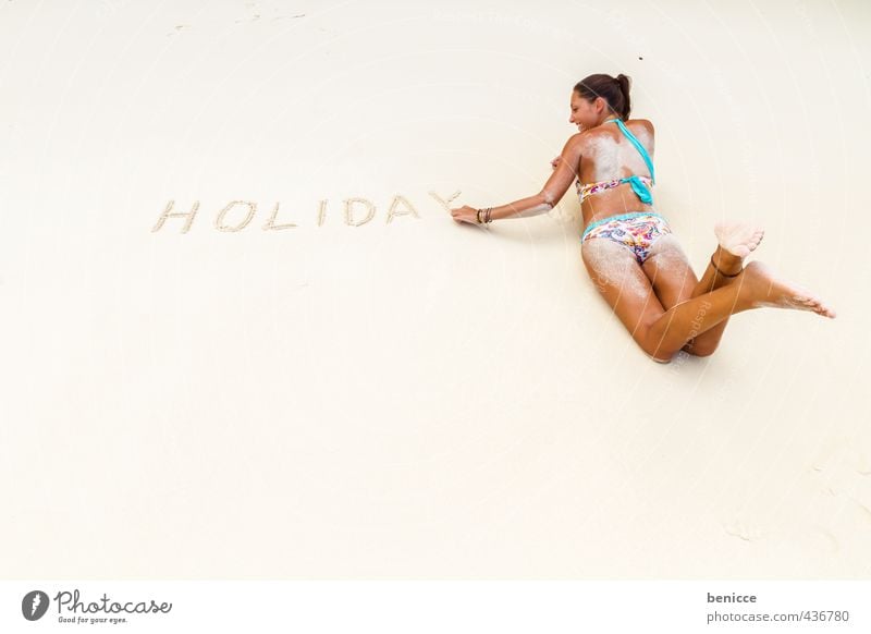 Holiday on beach Frau Mensch liegen Strand Vogelperspektive Bikini Ferien & Urlaub & Reisen Thailand Sandstrand Europäer weiß dünn Sommer Erotik Rücken