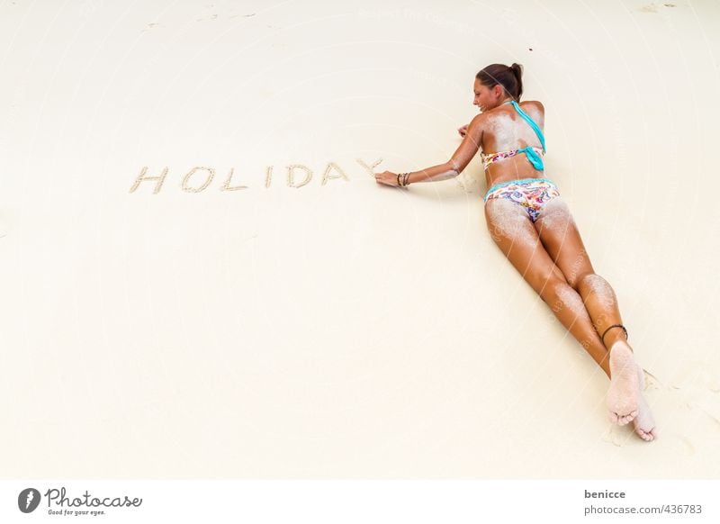 Holiday on beach Frau Mensch liegen Strand Vogelperspektive Bikini Ferien & Urlaub & Reisen Thailand Sandstrand Europäer weiß dünn Sommer Erotik Rücken