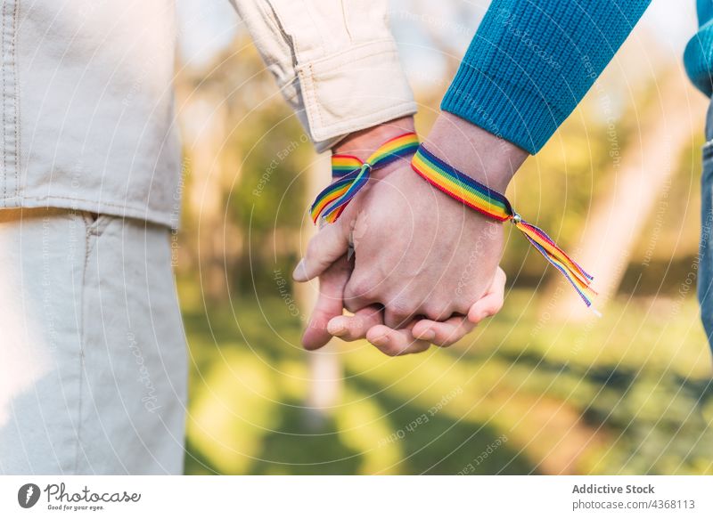 Homosexuelle Männer mit Regenbogenarmbändern halten sich im Park an den Händen schwul Paar Händchenhalten Homosexualität lgbt Armband lgbtq Liebe männlich