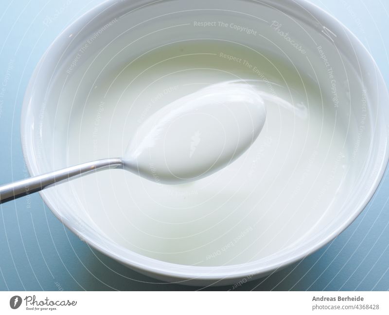 Fettarmer Bio-Naturjoghurt in einer weißen Schale Biografie Schalen & Schüsseln Frühstück Kalzium Keramik Nahaufnahme Sahne cremig Küche kulinarisch Molkerei