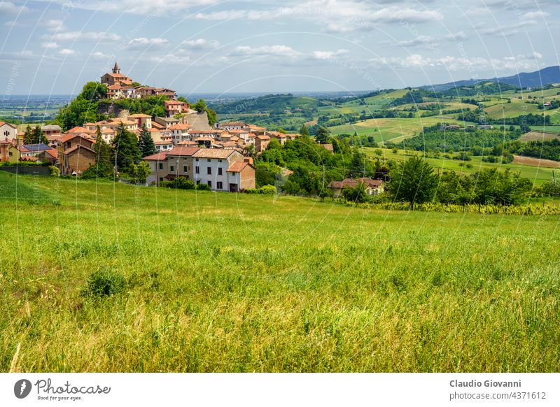 Landschaft auf den Hügeln von Tortona im Frühling. Blick auf Sarezzano Alessandria Kolli Tortonesi Europa Italien Piemonte Farbe Tag Feld grün Haus Natur