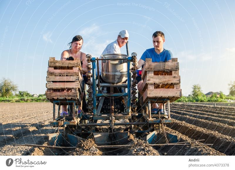 Landarbeiter auf einem Traktor pflanzen Kartoffelsamen. Automatisierung des Prozesses der Pflanzung von Kartoffelsamen. Hohe Effizienz und Geschwindigkeit. Agroindustrie und Agrarindustrie. Neue technologische Lösungen zur Vereinfachung der Arbeit