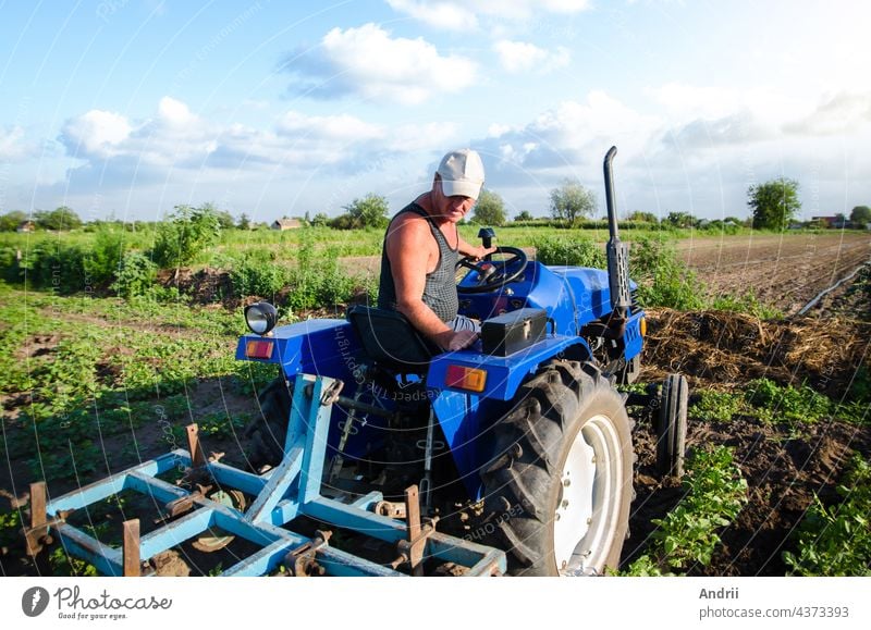 Der Landwirt arbeitet auf dem Feld mit einem Traktor. Agroindustrie und Agrobusiness. Bauernhof Feldarbeit Anbau. Landwirtschaftliche Maschinen. Pflügen und Auflockerung des Bodens. Pflege der Kulturpflanzen, Verbesserung der Bodenqualität.