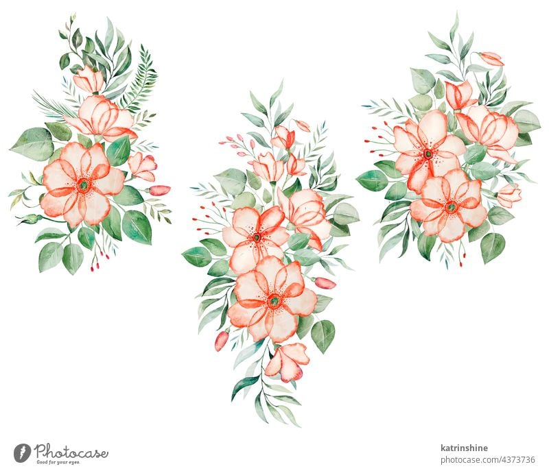 Aquarell rosa Blumen und grüne Blätter Blumensträuße Illustration botanisch Dekoration & Verzierung Zeichnung Element Laubwerk Garten handgezeichnet vereinzelt