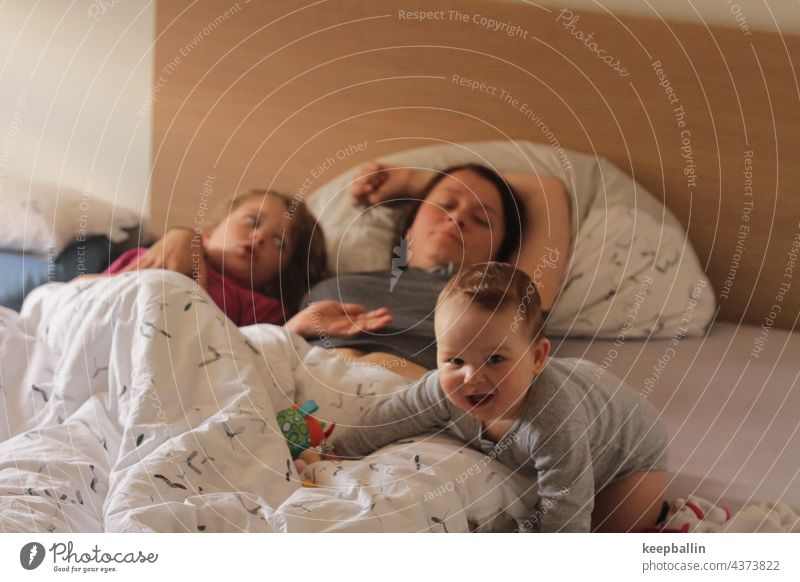 Familienzeit im Bett morgens Morgen aufwachen Kind Kinder Schlafzimmer Baby Mutter Eltern fröhlich ausgeschlafen müde Familienglück