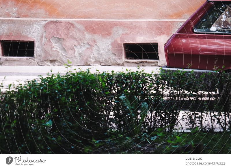 das Heck eines alten Autos vor einer bröckelnden Hauswand, Farbharmonie in grün und rot Straße Fassade Hecke rosa Wand Mauer Außenaufnahme Menschenleer Farbfoto