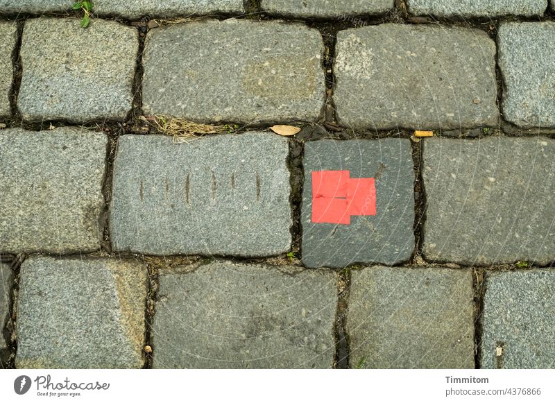 Neulich in Nürnberg...markierter Pflasterstein Pflastersteine Platz Markierung Einkerbungen Linien Menschenleer Strukturen & Formen grau rot Spuren Stein